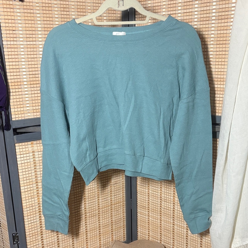 Light Teal Cropped Crewneck Long Sleeve Waffle Tee